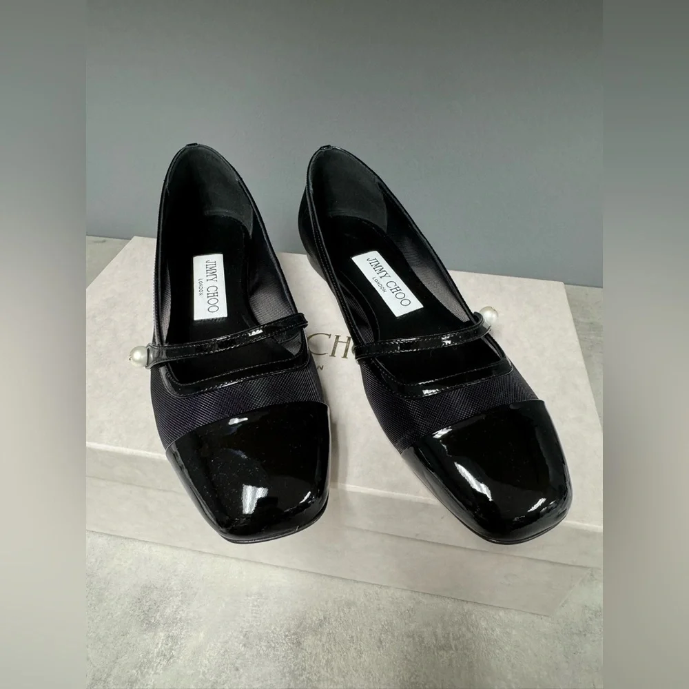 NIB- Jimmy Choo Black Patent Leather Elisa Flats with Pearl Accent